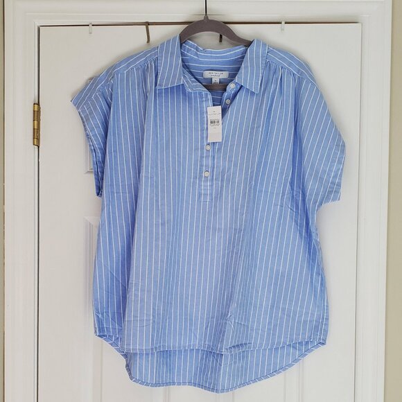 NWT Ann Taylor Weekend Classic Blue White Striped 3/4 Button Popover Cotton Top - Picture 1 of 6